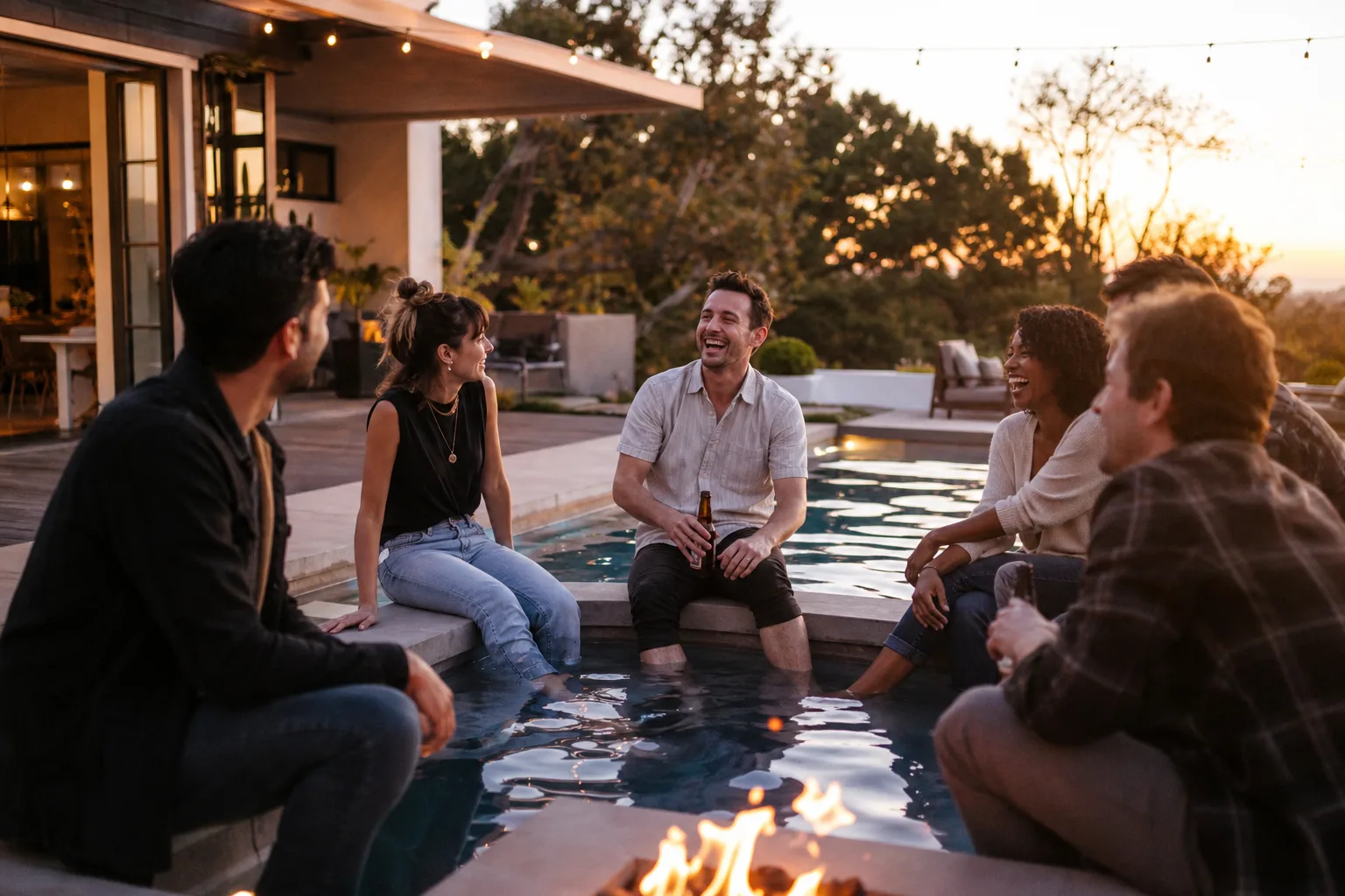 Friends laughing around a fire pit beside the pool at twilight